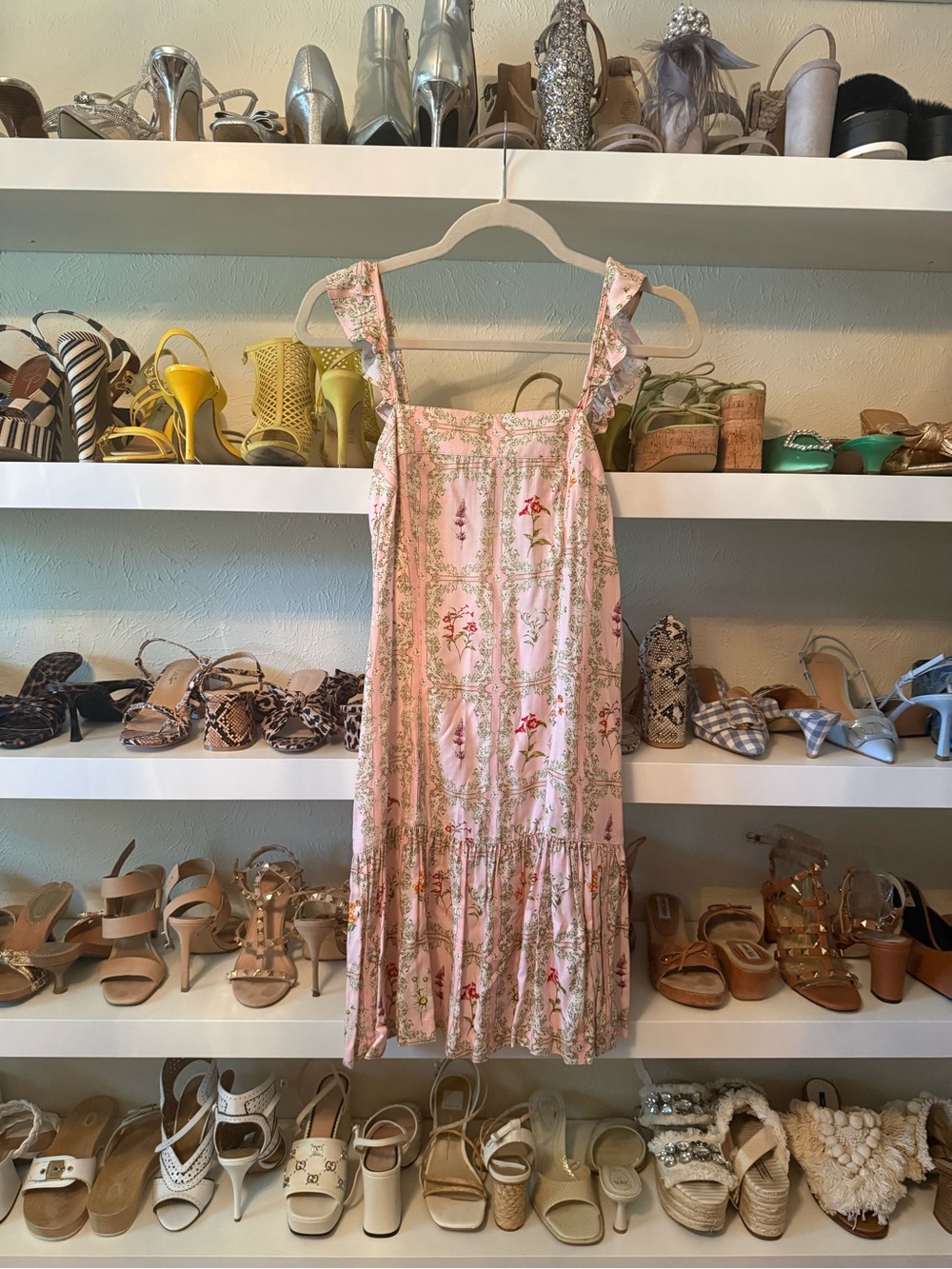 Agua Bendita Pink Floral Tiered Midi Dress